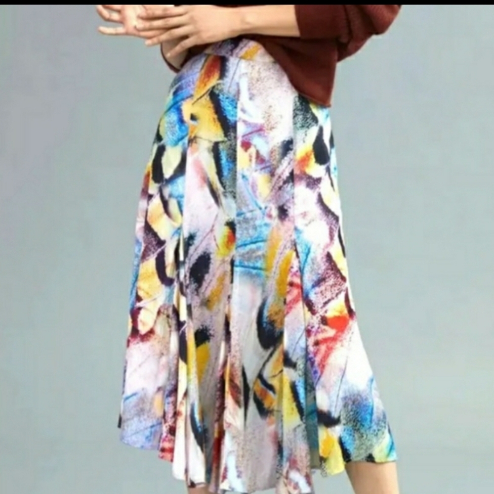 ANTHROPOLOGIE Abstract Watercolor Midi Skirt Multicolor Artistic Print Flowy 8